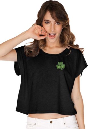 St Patricks Day Shamrock Patch Pocket Print Ladies Boxy Tee