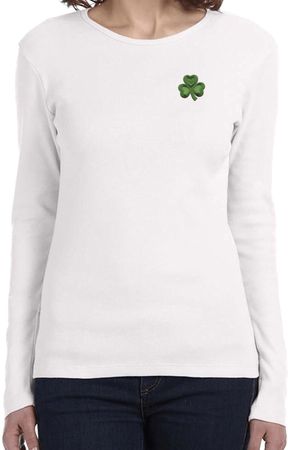 St Patricks Day Shamrock Patch Pocket Print Ladies Long Sleeve