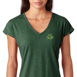 St Patricks Day Shamrock Patch Pocket Print Ladies Tri Blend V-neck