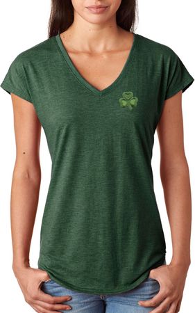 St Patricks Day Shamrock Patch Pocket Print Ladies Tri Blend V-neck
