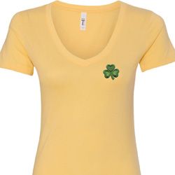 St Patricks Day Shamrock Patch Pocket Print Ladies V-neck