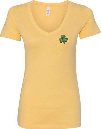 St Patricks Day Shamrock Patch Pocket Print Ladies V-neck