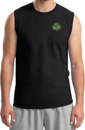 St Patricks Day Shamrock Patch Pocket Print Muscle Shirt