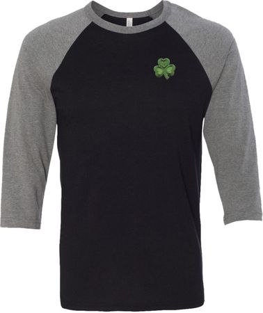 St Patricks Day Shamrock Patch Pocket Print Raglan Shirt