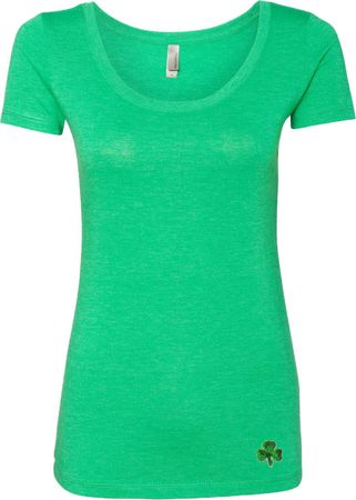 St Patricks Day Shamrock Sequins Bottom Print Ladies Scoop Neck