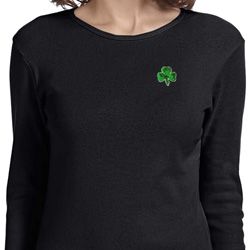 St Patricks Day Shamrock Sequins Pocket Print Ladies Long Sleeve