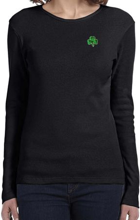 St Patricks Day Shamrock Sequins Pocket Print Ladies Long Sleeve