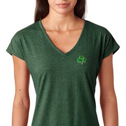 St Patricks Day Shamrock Sequins Pocket Print Ladies Tri Blend V-neck