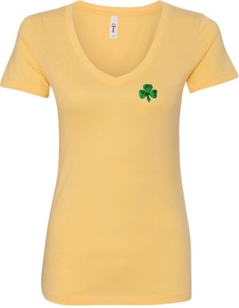 St Patricks Day Shamrock Sequins Pocket Print Ladies V-neck