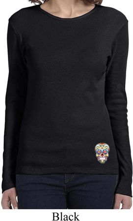 Sugar Skull Patch Bottom Print Ladies Long Sleeve Shirt
