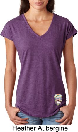 Sugar Skull Patch Bottom Print Ladies Tri Blend V-Neck Shirt
