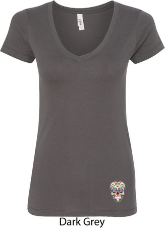 Sugar Skull Patch Bottom Print Ladies V-Neck Shirt