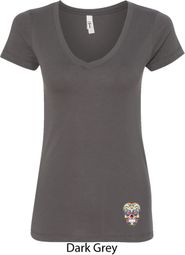Sugar Skull Patch Bottom Print Ladies V-Neck Shirt Sugar Skull Patch Bottom Print Ladies V-Neck Shirt