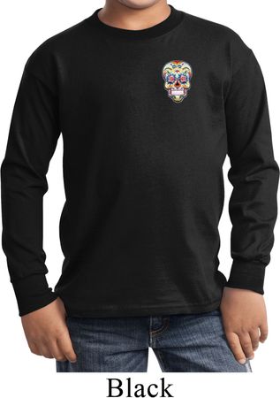 Sugar Skull Patch Pocket Print Kids Long Sleeve Shirt