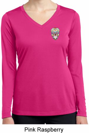 Sugar Skull Patch Pocket Print Ladies Dry Wicking Long Sleeve Shirt