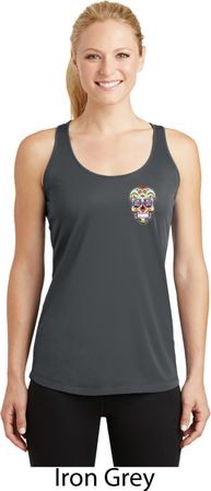 Sugar Skull Patch Pocket Print Ladies Dry Wicking Racerback Tank Top