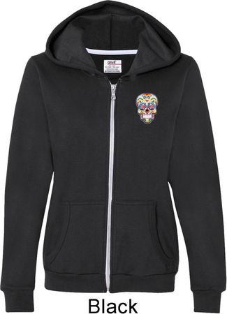 Sugar Skull Patch Pocket Print Ladies Full Zip Hoodie