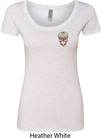Sugar Skull Patch Pocket Print Ladies Scoop Neck Shirt