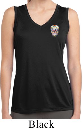 Sugar Skull Patch Pocket Print Ladies Sleeveless Dry Wicking Shirt
