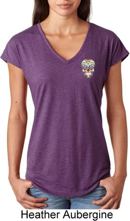 Sugar Skull Patch Pocket Print Ladies Tri Blend V-Neck Shirt