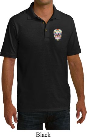 Sugar Skull Patch Pocket Print Mens Pique Polo Shirt