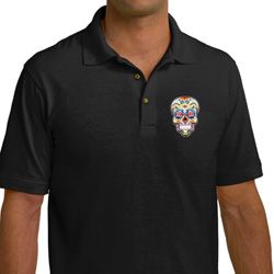 Sugar Skull Patch Pocket Print Mens Pique Polo Shirt