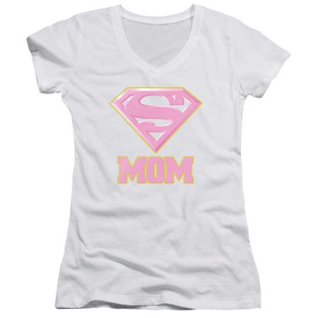 Super Mom Juniors V Neck Shirt Pink Shield White T-Shirt