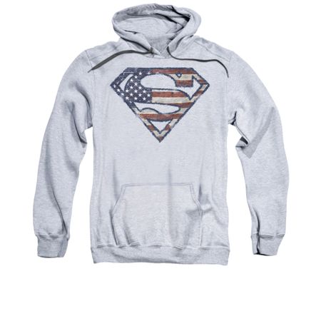 Superman Hoodie Wartorn Flag Shield Athletic Heather Sweatshirt Hoody