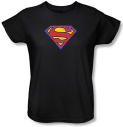 Superman Ladies T-shirt DC Comics Neon Distress Logo Black Tee Shirt