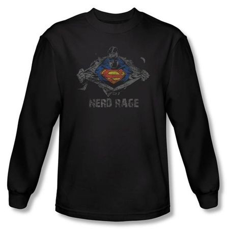 Superman Long Sleeve T-shirt DC Comics Nerd Rage Black Tee Shirt