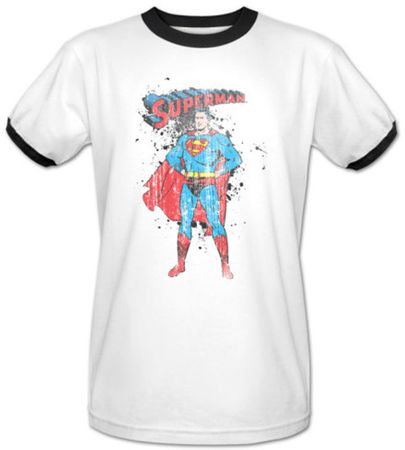 Superman Ringer Shirt Vintage Ink Splatter Adult White/Black Shirt