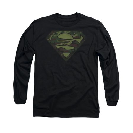 Superman Shirt Camo Logo Distressed Long Sleeve Black Tee T-Shirt