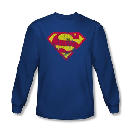 Superman Shirt Classic Logo Distressed Long Sleeve Royal Blue Tee T-Shirt
