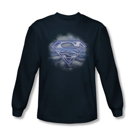 Superman Shirt Flying Shield Long Sleeve Navy Tee T-Shirt