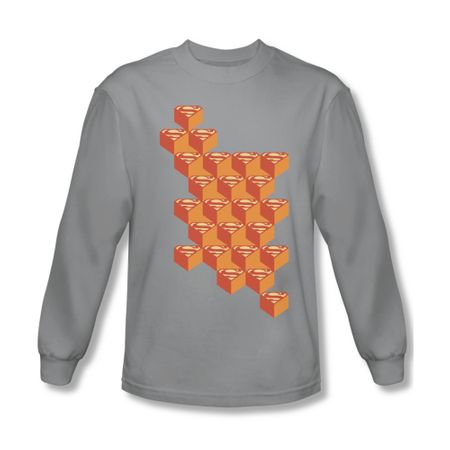 Superman Shirt Geo Block Shields Long Sleeve Silver Tee T-Shirt