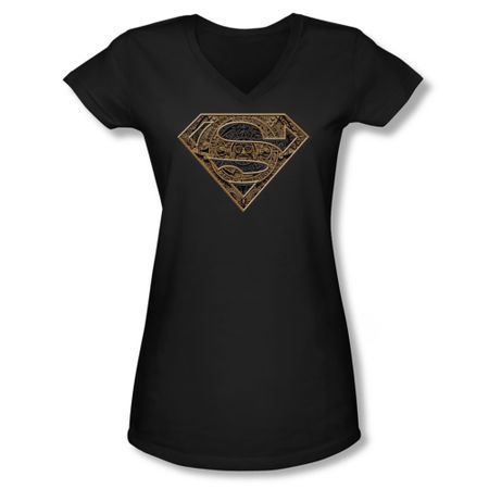 Superman Shirt Juniors V Neck Aztec Shield Black T-Shirt