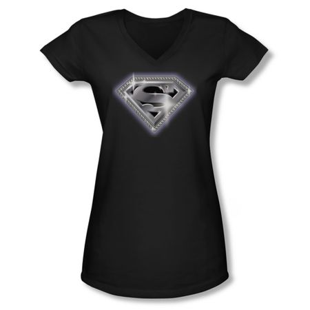 Superman Shirt Juniors V Neck Bling Shield Black T-Shirt