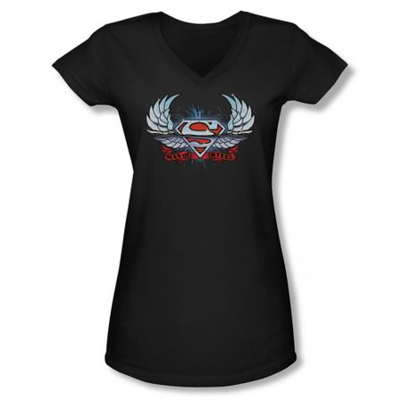Superman Shirt Juniors V Neck Chrome Wings Black T-Shirt
