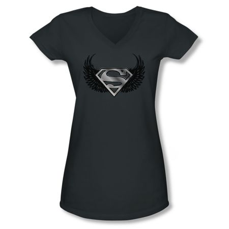 Superman Shirt Juniors V Neck Dirty Wings Charcoal T-Shirt
