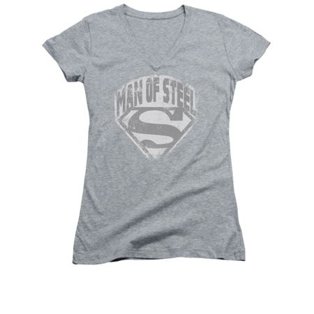 Superman Shirt Juniors V Neck Distressed Man Of Steel Athletic Heather T-Shirt