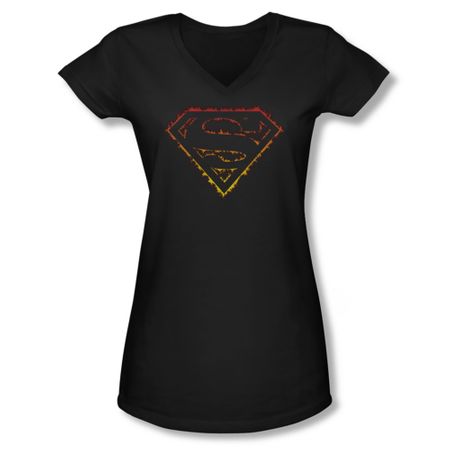 Superman Shirt Juniors V Neck Flame Outlined Black T-Shirt