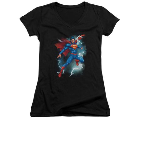 Superman Shirt Juniors V Neck Lightning Black T-Shirt