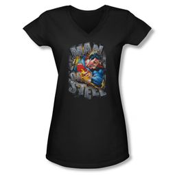 Superman Shirt Juniors V Neck Ripping Steel Black T-Shirt Superman Shirt Juniors V Neck Ripping Steel Black T-Shirt