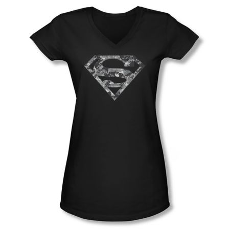 Superman Shirt Juniors V Neck Urban Digi Camo Shield Black T-Shirt