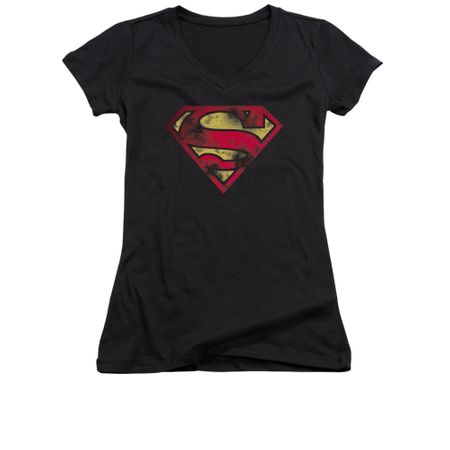 Superman Shirt Juniors V Neck War Torn Shield Black T-Shirt