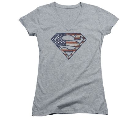Superman Shirt Juniors V Neck Wartorn Flag Shield Athletic Heather T-Shirt
