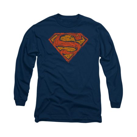 Superman Shirt Messy Shield Long Sleeve Navy Tee T-Shirt