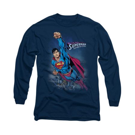 Superman Shirt Over The City Long Sleeve Navy Tee T-Shirt