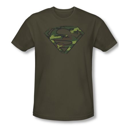 Superman Shirt Slim Fit Distressed Camo Shield Olive T-Shirt