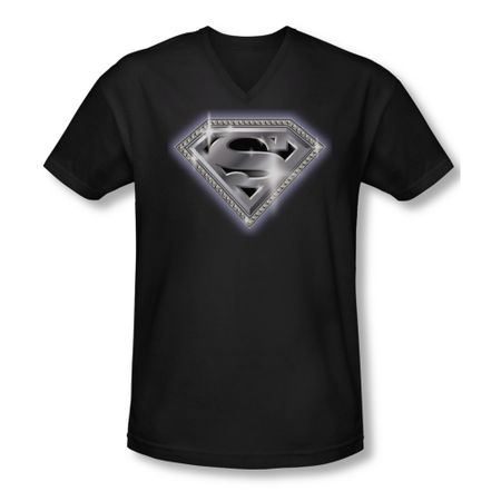 Superman Shirt Slim Fit V-Neck Bling Shield Black T-Shirt